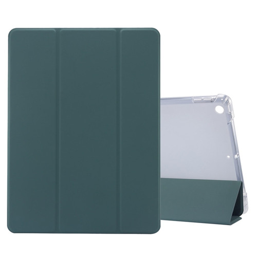 iPad 10.2 2021 / 2020 / 2019 3-folding Electric Pressed Skin Texture Horizontal Flip Shockproof Transparent TPU + PU Leather Case with Holder & Pen Slot & Sleep / Wake-up Function - Dark Green