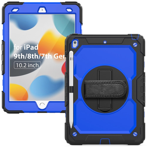 iPad 10.2 2021 / 2020 / 2019 Shockproof Silicone + PC Protective Case with Holder & Shoulder Strap & Pen Slot - Black + Blue