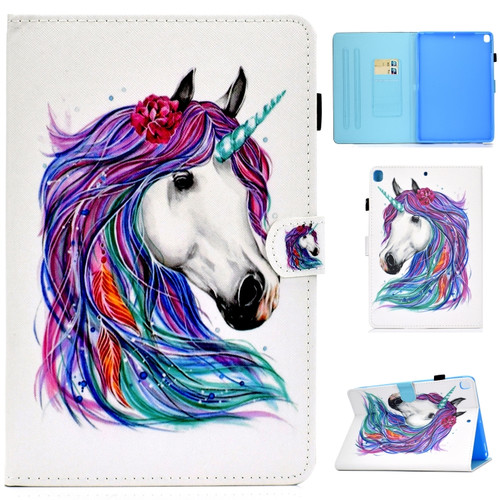 iPad 10.2 2021 / 2020 / 2019 Colored Drawing Horizontal Flip Leather Case with Holder & Card Slots & Pen Slot & Sleep / Wake-up Function - White Horse