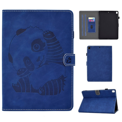 iPad 10.2 Embossing Sewing Thread Horizontal Painted Flat Leather Case with Sleep Function & Pen Cover & Anti Skid Strip & Card Slot & Holder - Blue