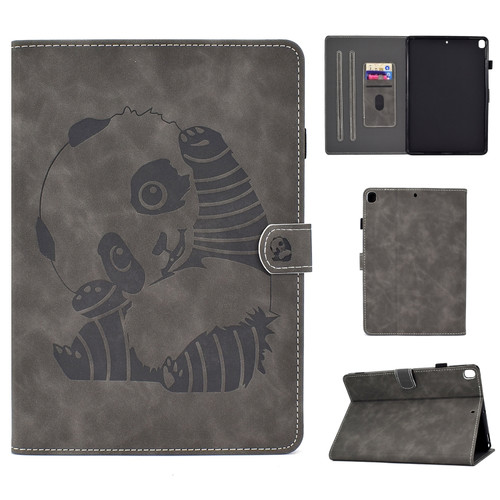 iPad 10.2 Embossing Sewing Thread Horizontal Painted Flat Leather Case with Sleep Function & Pen Cover & Anti Skid Strip & Card Slot & Holder - Gray