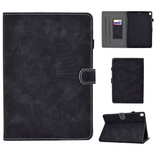 iPad 10.2 Embossing Sewing Thread Horizontal Painted Flat Leather Case with Sleep Function & Pen Cover & Anti Skid Strip & Card Slot & Holder - Black