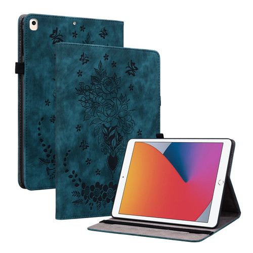 iPad 10.2 2021 / Air 10.5 2019 Butterfly Rose Embossed Leather Smart Tablet Case - Dark Blue