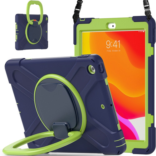 Apple iPad 10.2 2021 / 2020 / 2019 Contrast Color Silicone + PC Protective Case with Holder & Shoulder Strap - Navy Blue + Yellow Green