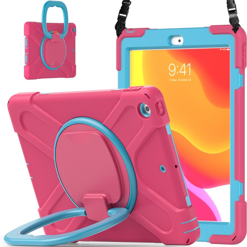 Apple iPad 10.2 2021 / 2020 / 2019 Contrast Color Silicone + PC Protective Case with Holder & Shoulder Strap - Rose red+Blue