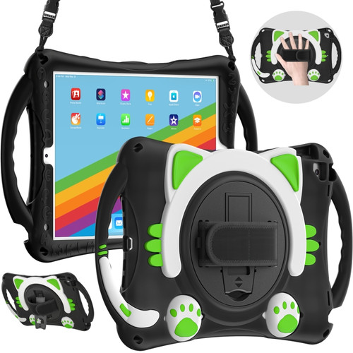 Cute Cat King Kids Shockproof Silicone Tablet Case with Holder & Shoulder Strap & Handle iPad 10.2 2021 / 2020 / 2019 / Pro 10.5 / Air 10.5 - Black Green
