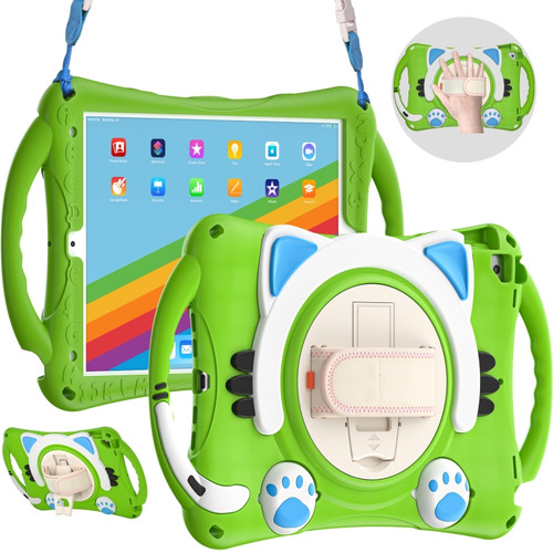 Cute Cat King Kids Shockproof Silicone Tablet Case with Holder & Shoulder Strap & Handle iPad 10.2 2021 / 2020 / 2019 / Pro 10.5 / Air 10.5 - Green