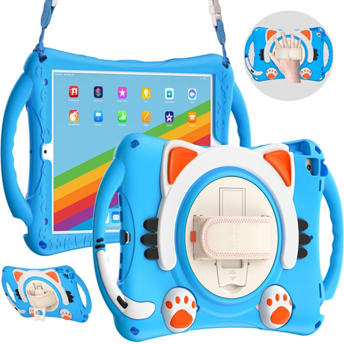 Cute Cat King Kids Shockproof Silicone Tablet Case with Holder & Shoulder Strap & Handle iPad 10.2 2021 / 2020 / 2019 / Pro 10.5 / Air 10.5 - Light Blue