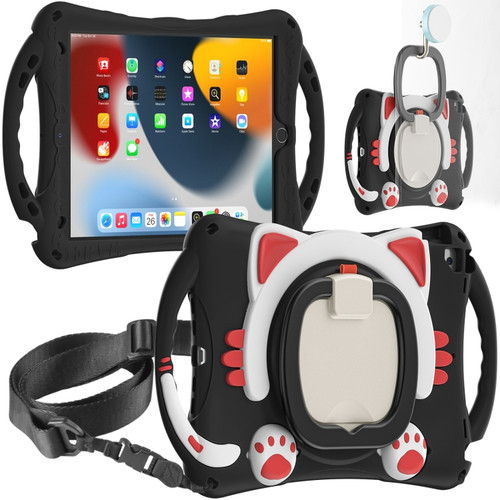 Cute Cat King Kids Shockproof Silicone Tablet Case with Holder & Shoulder Strap & Handle iPad 10.2 2019 / 2020 / 2021 / Pro 10.5 - Black Red