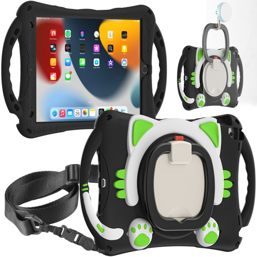 Cute Cat King Kids Shockproof Silicone Tablet Case with Holder & Shoulder Strap & Handle iPad 10.2 2019 / 2020 / 2021 / Pro 10.5 - Black Green
