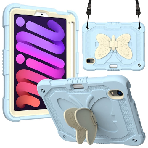 iPad mini 6 Beige PC + Silicone Anti-drop Protective Tablet Case with Butterfly Shape Holder & Pen Slot - Beige + Ice Crystal Blue