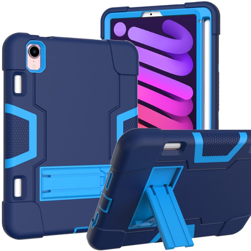 iPad mini 6 Contrast Color Robot Shockproof Silicone + PC Protective Tablet Case with Holder & Pen Slot - Navy Blue
