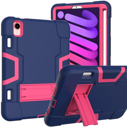 iPad mini 6 Contrast Color Robot Shockproof Silicone + PC Protective Tablet Case with Holder & Pen Slot - Navy Blue Rose Red