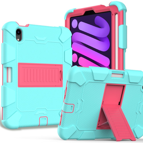 iPad mini 6 Two-Color Robot Shockproof Silicone + PC Protective Tablet Case with Holder & Pen Slot - Mint Green + Rose Red