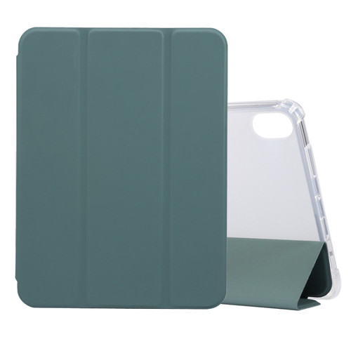 iPad mini 6 3-folding Electric Pressed Skin Texture Horizontal Flip Shockproof Transparent TPU + PU Leather Tablet Case with Holder& Pen Slot & Sleep / Wake-up Function - Deep Green
