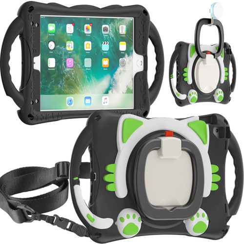Cute Cat King Kids Shockproof Silicone Tablet Case with Holder & Shoulder Strap & Handle iPad 9.7 2018 / 2017 / Air / Air 2 / Pro 9.7 - Black Green