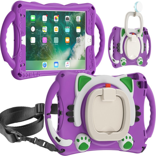 Cute Cat King Kids Shockproof Silicone Tablet Case with Holder & Shoulder Strap & Handle iPad 9.7 2018 / 2017 / Air / Air 2 / Pro 9.7 - Purple