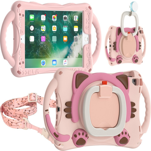 Cute Cat King Kids Shockproof Silicone Tablet Case with Holder & Shoulder Strap & Handle iPad 9.7 2018 / 2017 / Air / Air 2 / Pro 9.7 - Pink