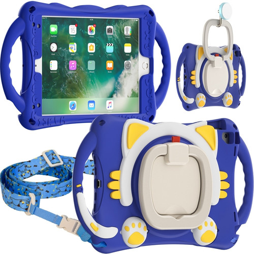 Cute Cat King Kids Shockproof Silicone Tablet Case with Holder & Shoulder Strap & Handle iPad 9.7 2018 / 2017 / Air / Air 2 / Pro 9.7 - Dark Blue