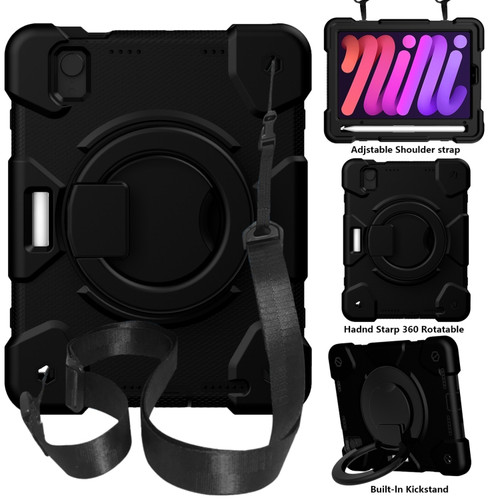 iPad mini 2021 Silicone + PC Full Body Protection Tablet Case With Holder & Strap - Black