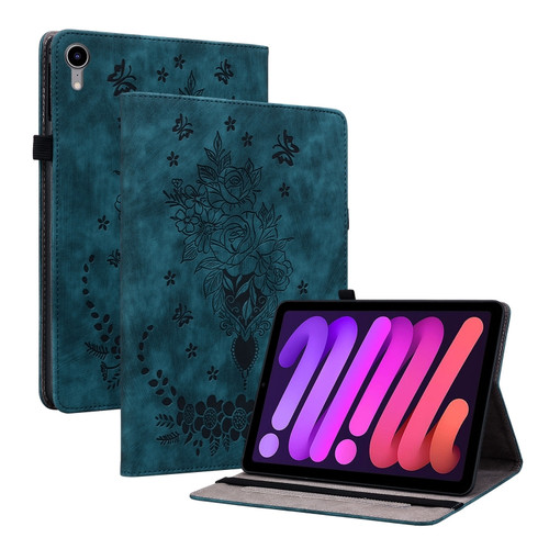 iPad mini 6 Butterfly Rose Embossed Leather Smart Tablet Case - Dark Blue