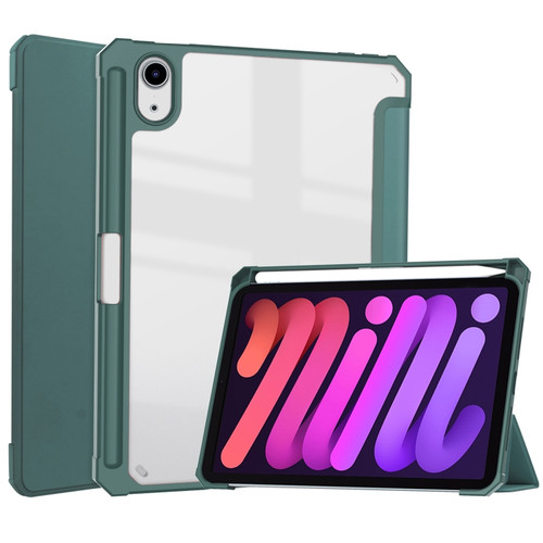 iPad mini 6 Three-folding Acrylic TPU + PU Leather Horizontal Flip Tablet Case with Holder & Pen Slot & Sleep / Wake-up Function - Deep Green
