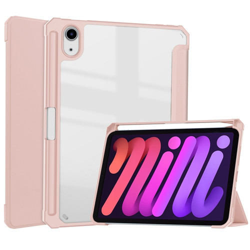 iPad mini 6 Three-folding Acrylic TPU + PU Leather Horizontal Flip Tablet Case with Holder & Pen Slot & Sleep / Wake-up Function - Rose Gold