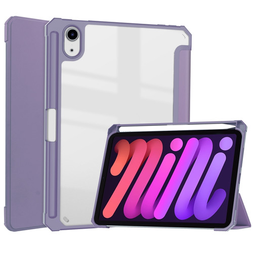 iPad mini 6 Three-folding Acrylic TPU + PU Leather Horizontal Flip Tablet Case with Holder & Pen Slot & Sleep / Wake-up Function - Lavender Purple