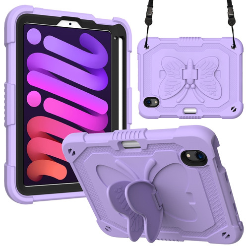 iPad mini 6 Pure Color PC + Silicone Anti-drop Protective Tablet Case with Butterfly Shape Holder & Pen Slot - Light Purple