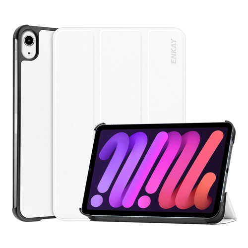 iPad mini 6 ENKAY Custer Texture Horizontal Flip PU+PC Leather Tablet Case with Three-folding Holder & Sleep / Wake-up Function - White