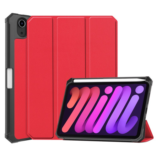 iPad mini 6 Custer Pattern Pure Color TPU Smart Tablet Holster with Sleep Function & 3-Fold Holder & Pen Slot - Red
