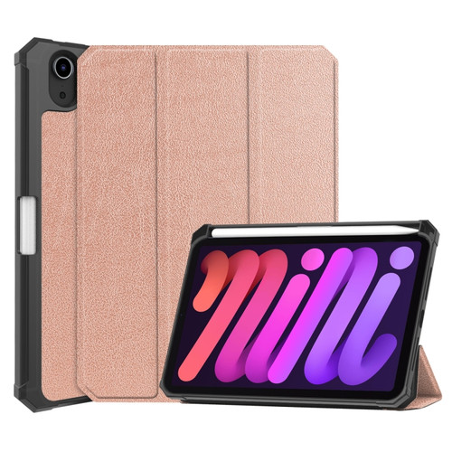 iPad mini 6 Custer Pattern Pure Color TPU Smart Tablet Holster with Sleep Function & 3-Fold Holder & Pen Slot - Rose Gold