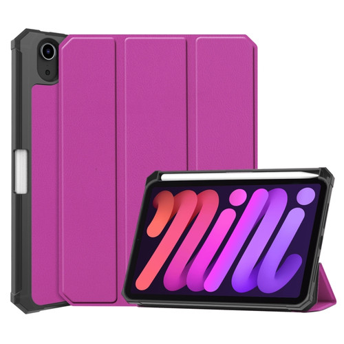 iPad mini 6 Custer Pattern Pure Color TPU Smart Tablet Holster with Sleep Function & 3-Fold Holder & Pen Slot - Purple