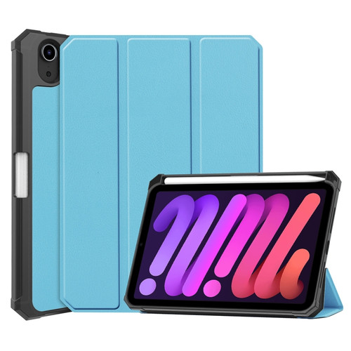 iPad mini 6 Custer Pattern Pure Color TPU Smart Tablet Holster with Sleep Function & 3-Fold Holder & Pen Slot - Sky Blue