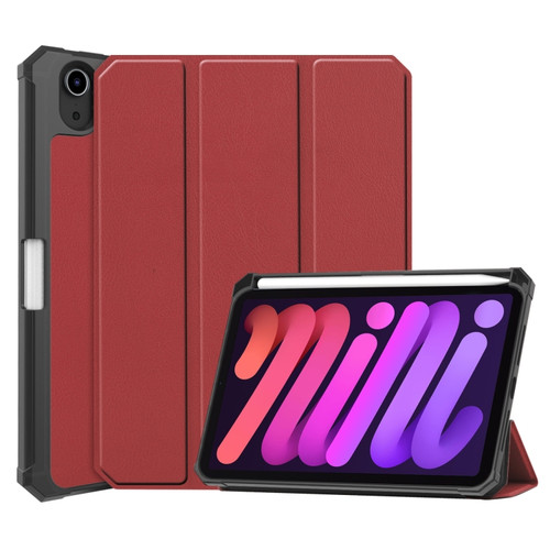 iPad mini 6 Custer Pattern Pure Color TPU Smart Tablet Holster with Sleep Function & 3-Fold Holder & Pen Slot - Wine Red
