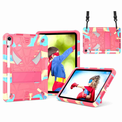 iPad mini 6 Spider Texture Silicone Hybrid PC Tablet Case with Shoulder Strap - Camouflage + Rose Red