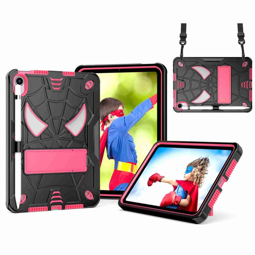 iPad mini 6 Spider Texture Silicone Hybrid PC Tablet Case with Shoulder Strap - Black + Rose Red