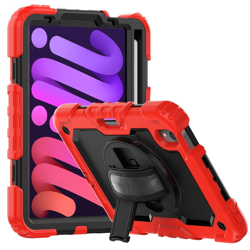 iPad mini 6 Shockproof Silicone + PC Protective Tablet Case with Holder & Shoulder Strap & Pen Slot - Black + Red