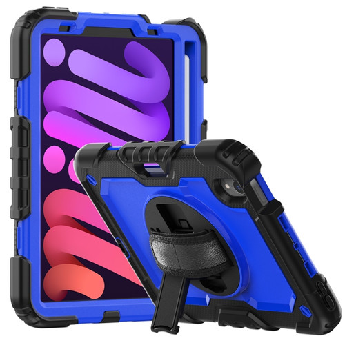 iPad mini 6 Shockproof Silicone + PC Protective Tablet Case with Holder & Shoulder Strap & Pen Slot - Blue + Black