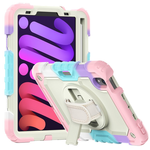 iPad mini 6 Shockproof Silicone + PC Protective Tablet Case with Holder & Shoulder Strap & Pen Slot - Beige + Camouflage Pink