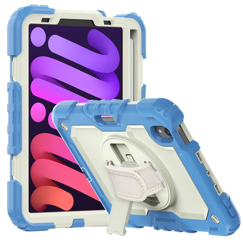 iPad mini 6 Shockproof Silicone + PC Protective Tablet Case with Holder & Shoulder Strap & Pen Slot - Beige + Cyan