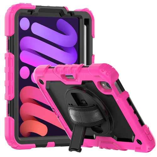 iPad mini 6 Shockproof Silicone + PC Protective Tablet Case with Holder & Shoulder Strap & Pen Slot - Black + Rose Red