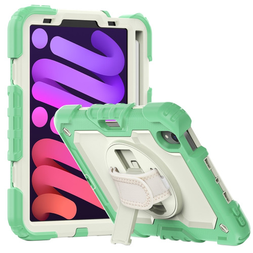 iPad mini 6 Shockproof Silicone + PC Protective Tablet Case with Holder & Shoulder Strap & Pen Slot - Beige + Light Green