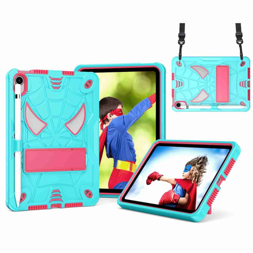iPad mini 6 Spider Texture Silicone Hybrid PC Tablet Case with Shoulder Strap - Mint Green + Rose Red