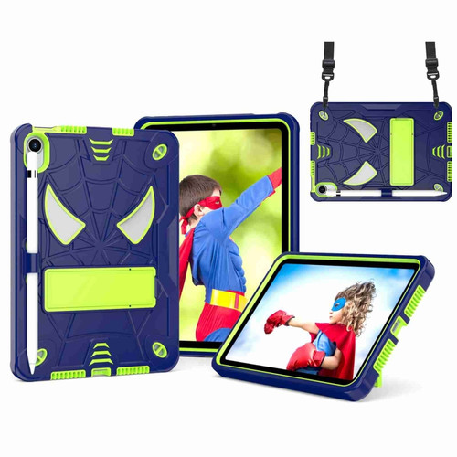 iPad mini 6 Spider Texture Silicone Hybrid PC Tablet Case with Shoulder Strap - Navy Blue + Yellow Green