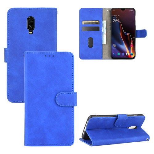 OnePlus 6T Solid Color Skin Feel Magnetic Buckle Horizontal Flip Calf Texture PU Leather Case with Holder & Card Slots & Wallet - Blue