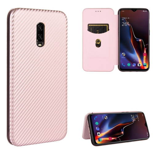 OnePlus 6T Carbon Fiber Texture Horizontal Flip TPU + PC + PU Leather Case with Card Slot - Pink