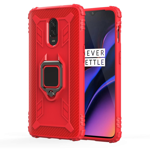 OnePlus 7 / 6T Carbon Fiber Protective Case with 360 Degree Rotating Ring Holder - Red
