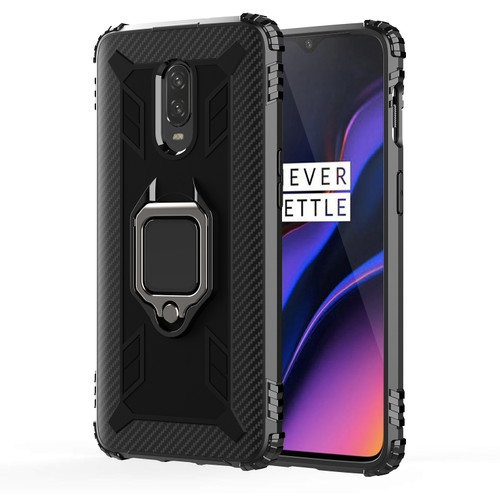 OnePlus 7 / 6T Carbon Fiber Protective Case with 360 Degree Rotating Ring Holder - Black