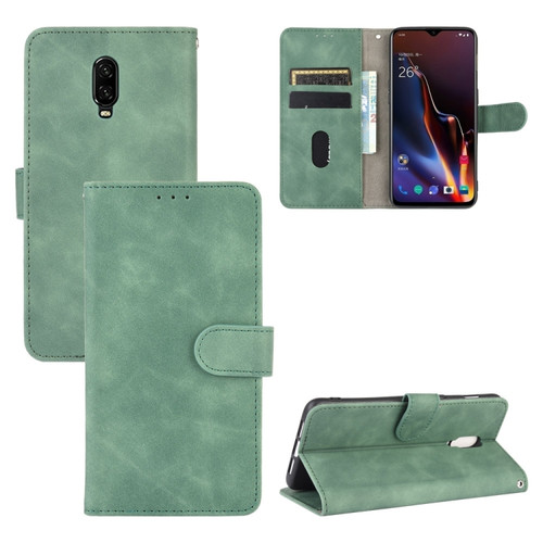OnePlus 6T Solid Color Skin Feel Magnetic Buckle Horizontal Flip Calf Texture PU Leather Case with Holder & Card Slots & Wallet - Green